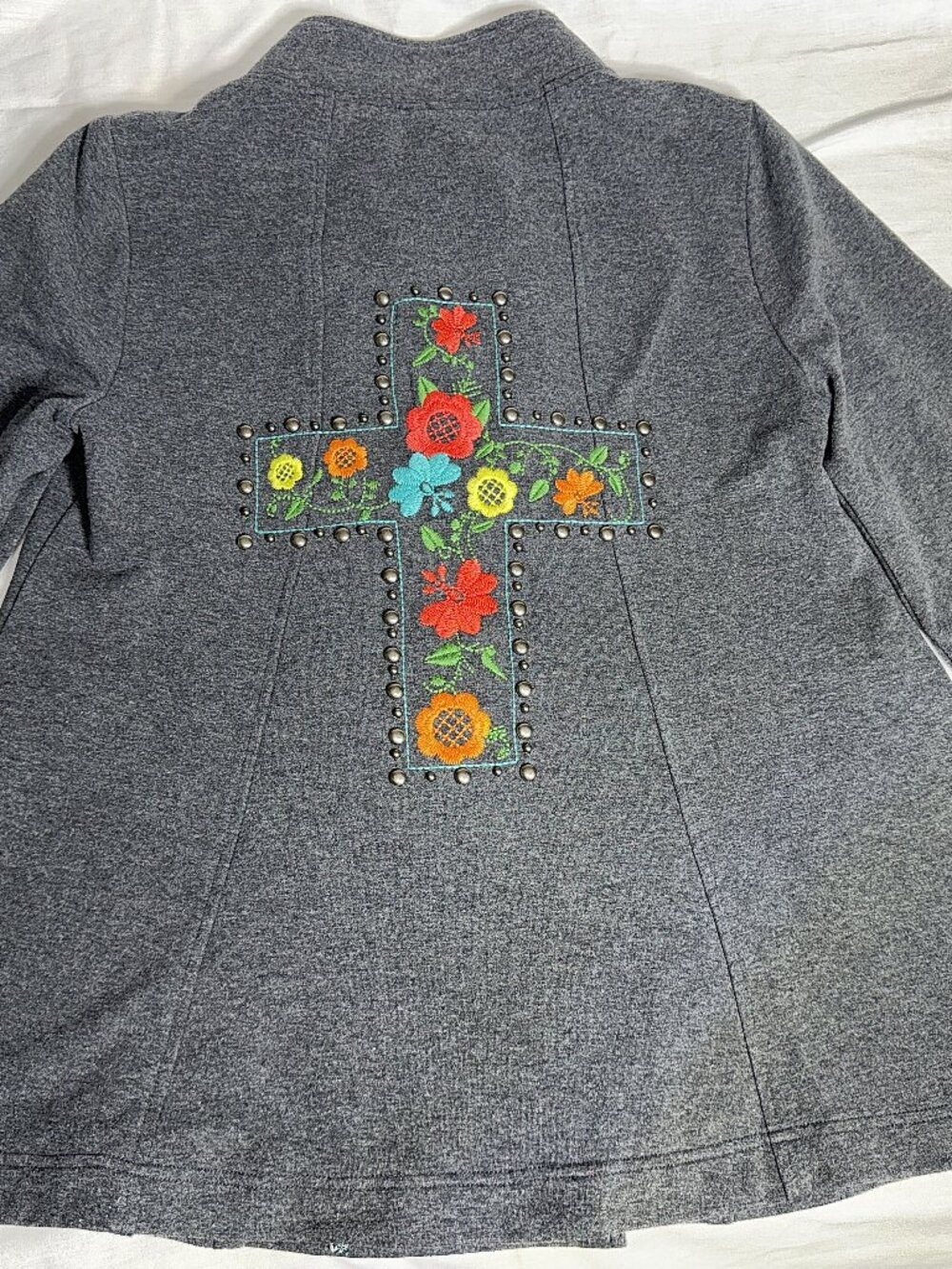 Ivy Jane Gray Floral Embroidered Studded Cross Double Breasted Peacoat Jacket S
